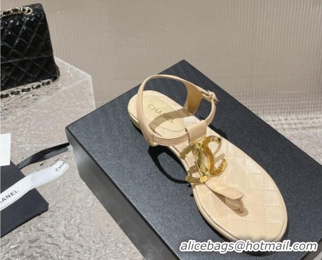 Most Popular Chanel Lambskin Flat Thong Sandals with Metal CC Apricot 703072