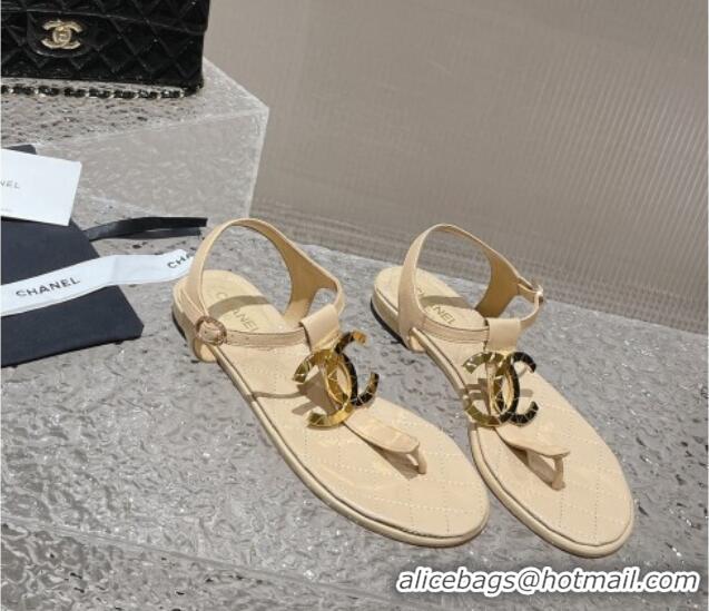 Most Popular Chanel Lambskin Flat Thong Sandals with Metal CC Apricot 703072