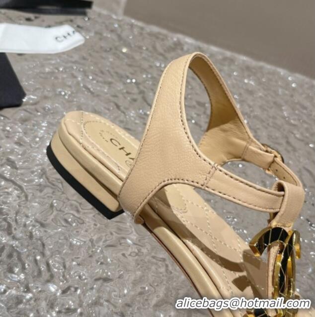 Most Popular Chanel Lambskin Flat Thong Sandals with Metal CC Apricot 703072