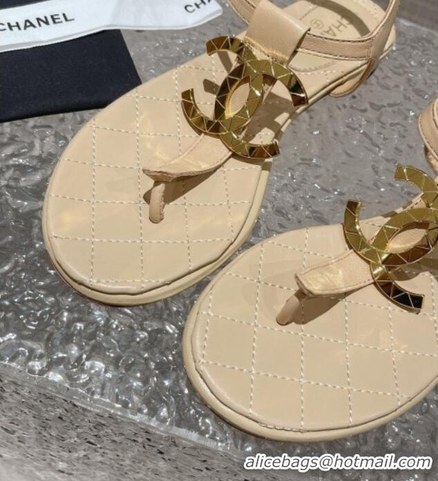 Most Popular Chanel Lambskin Flat Thong Sandals with Metal CC Apricot 703072