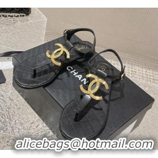 Classic Hot Chanel Lambskin Flat Thong Sandals with Metal CC Black 703073