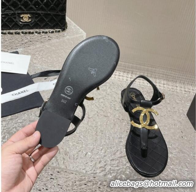 Classic Hot Chanel Lambskin Flat Thong Sandals with Metal CC Black 703073