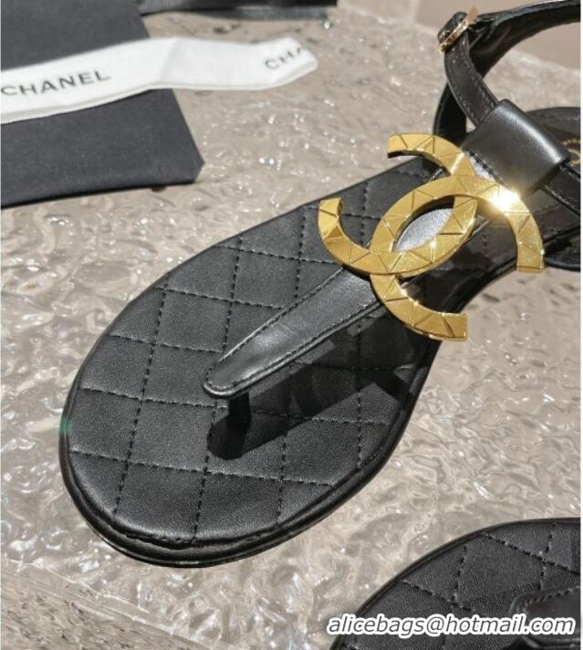 Classic Hot Chanel Lambskin Flat Thong Sandals with Metal CC Black 703073