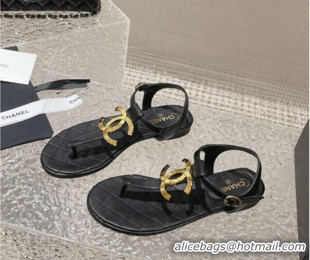 Classic Hot Chanel Lambskin Flat Thong Sandals with Metal CC Black 703073