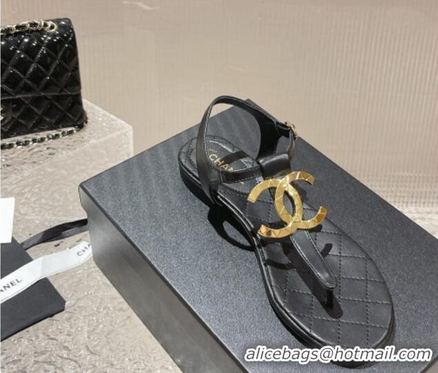 Classic Hot Chanel Lambskin Flat Thong Sandals with Metal CC Black 703073