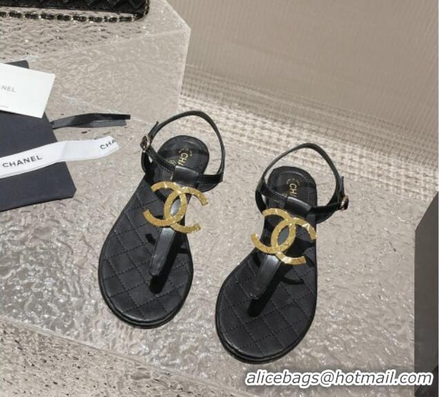 Classic Hot Chanel Lambskin Flat Thong Sandals with Metal CC Black 703073