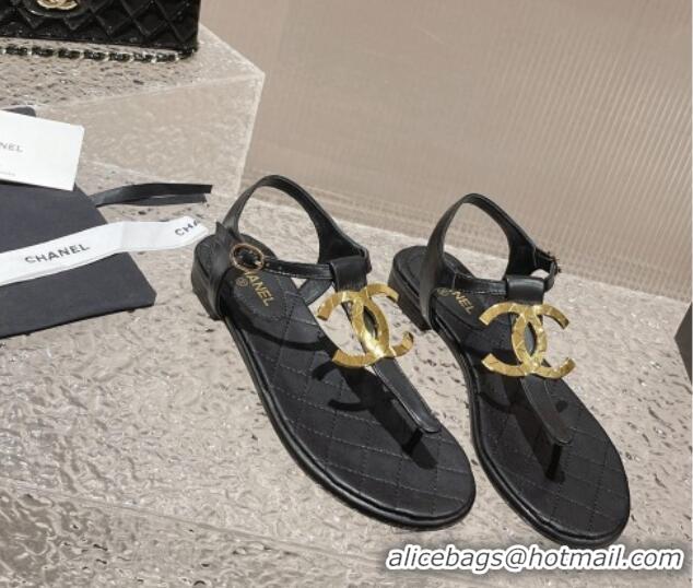 Classic Hot Chanel Lambskin Flat Thong Sandals with Metal CC Black 703073