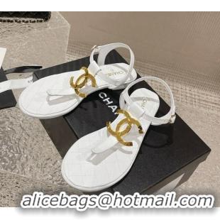 Good Product Chanel Lambskin Flat Thong Sandals with Metal CC White 703074