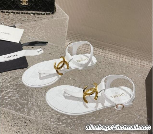 Good Product Chanel Lambskin Flat Thong Sandals with Metal CC White 703074