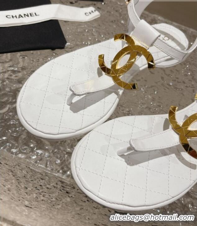 Good Product Chanel Lambskin Flat Thong Sandals with Metal CC White 703074