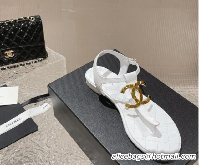 Good Product Chanel Lambskin Flat Thong Sandals with Metal CC White 703074