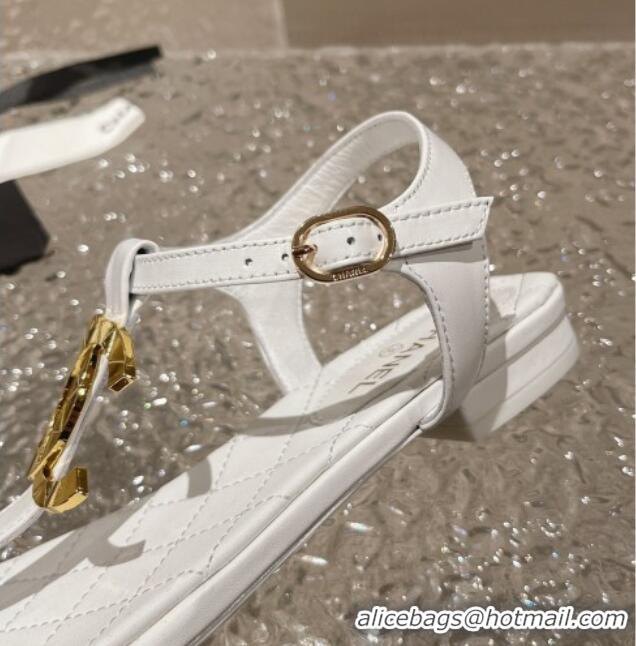 Good Product Chanel Lambskin Flat Thong Sandals with Metal CC White 703074