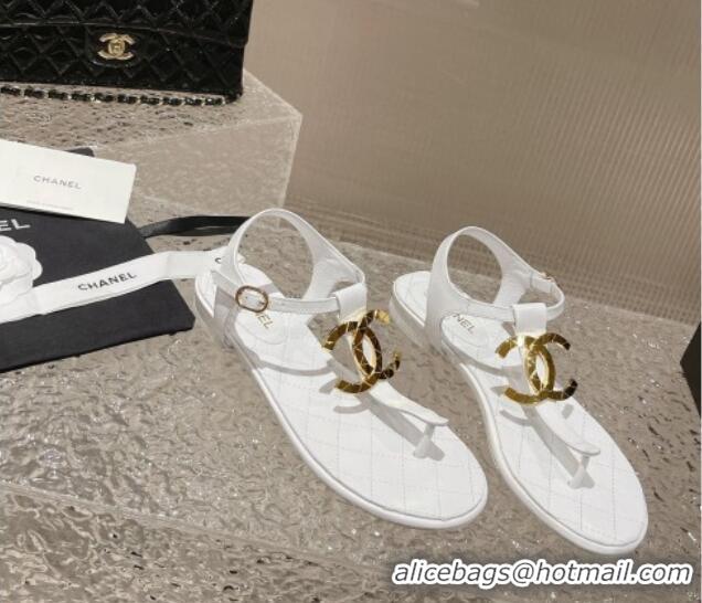 Good Product Chanel Lambskin Flat Thong Sandals with Metal CC White 703074