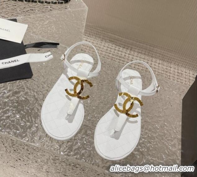 Good Product Chanel Lambskin Flat Thong Sandals with Metal CC White 703074