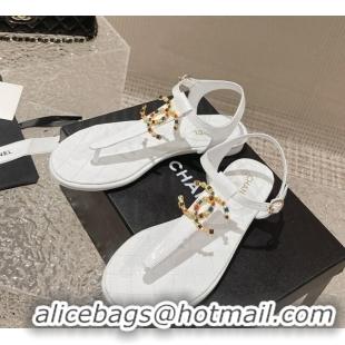 Popular Style Chanel Lambskin Flat Thong Sandals with Stone CC White 703075