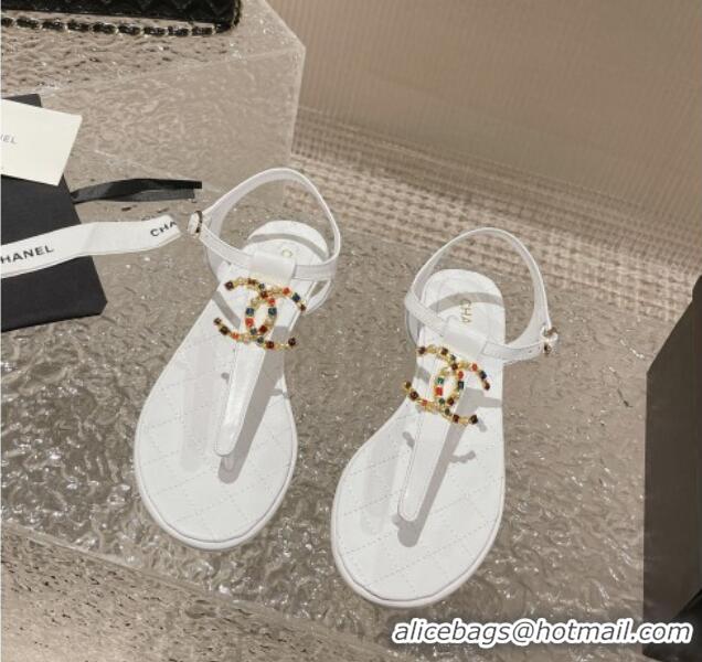 Popular Style Chanel Lambskin Flat Thong Sandals with Stone CC White 703075