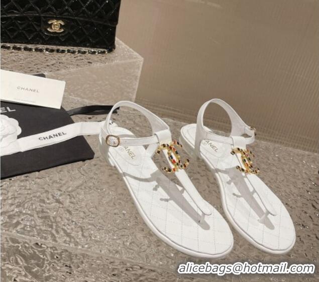 Popular Style Chanel Lambskin Flat Thong Sandals with Stone CC White 703075