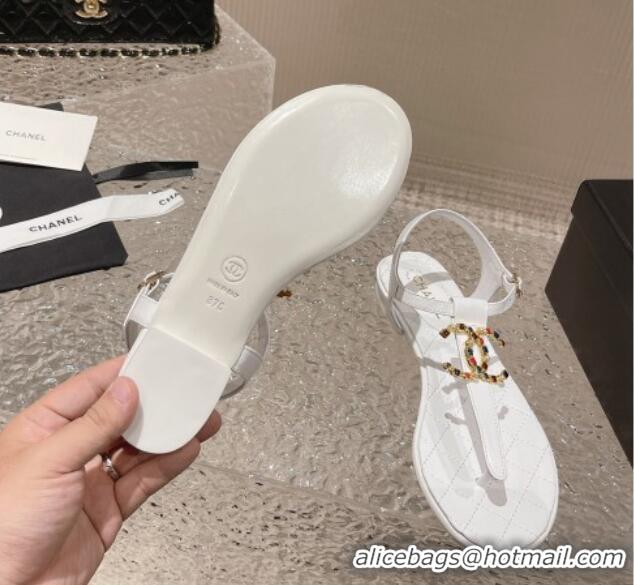 Popular Style Chanel Lambskin Flat Thong Sandals with Stone CC White 703075