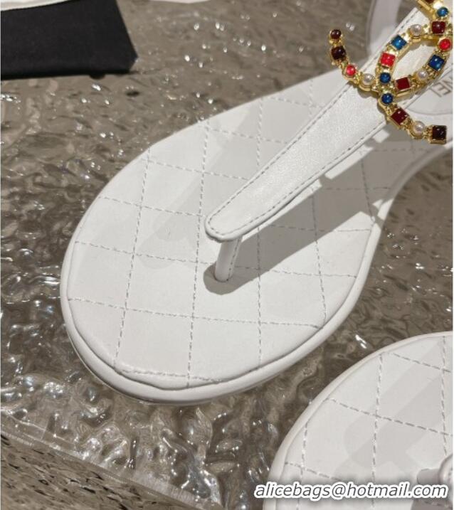 Popular Style Chanel Lambskin Flat Thong Sandals with Stone CC White 703075