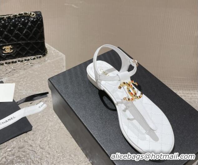 Popular Style Chanel Lambskin Flat Thong Sandals with Stone CC White 703075