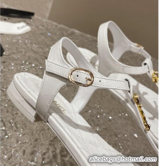 Popular Style Chanel Lambskin Flat Thong Sandals with Stone CC White 703075