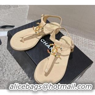 Top Grade Chanel Lambskin Flat Thong Sandals with Stone CC Apricot 703076