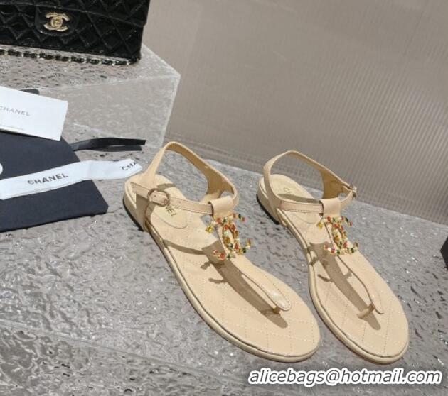 Top Grade Chanel Lambskin Flat Thong Sandals with Stone CC Apricot 703076