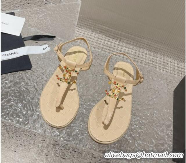 Top Grade Chanel Lambskin Flat Thong Sandals with Stone CC Apricot 703076