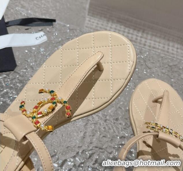 Top Grade Chanel Lambskin Flat Thong Sandals with Stone CC Apricot 703076