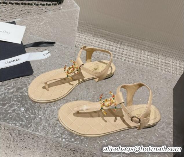 Top Grade Chanel Lambskin Flat Thong Sandals with Stone CC Apricot 703076