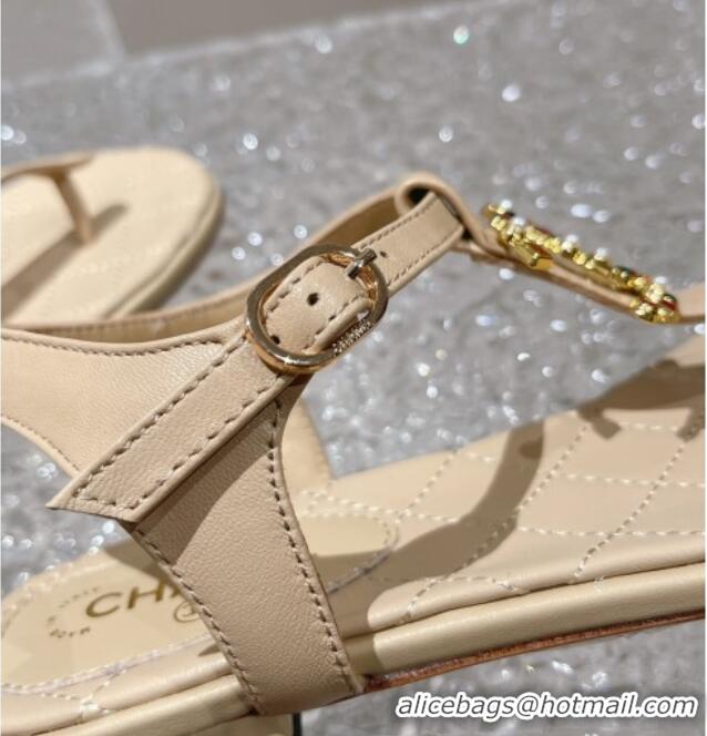 Top Grade Chanel Lambskin Flat Thong Sandals with Stone CC Apricot 703076