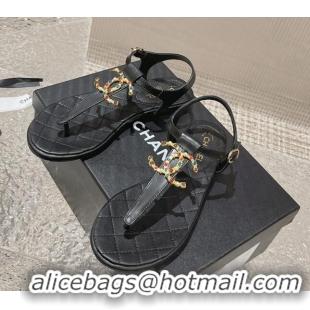 Purchase Chanel Lambskin Flat Thong Sandals with Stone CC Black 703077