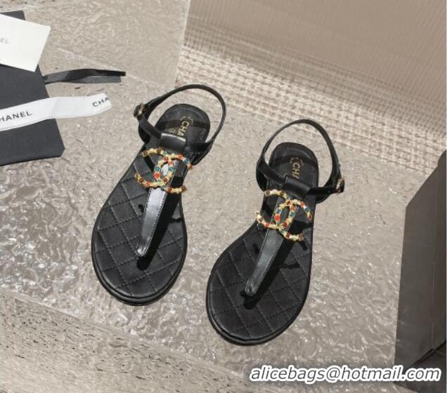 Purchase Chanel Lambskin Flat Thong Sandals with Stone CC Black 703077