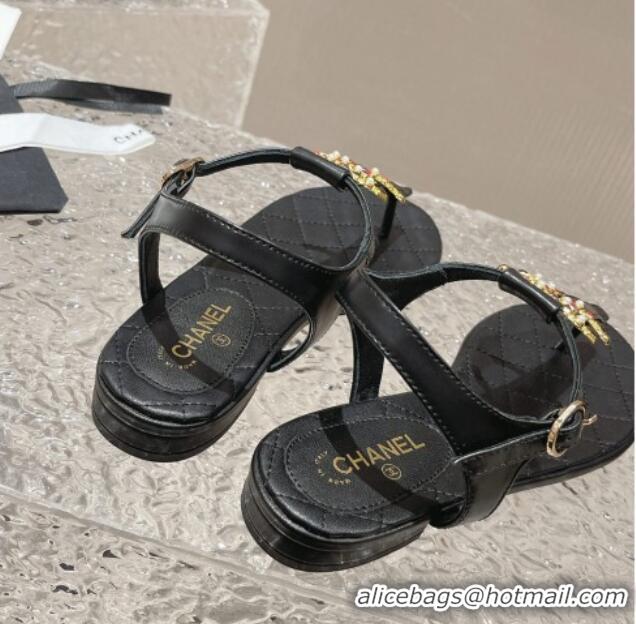 Purchase Chanel Lambskin Flat Thong Sandals with Stone CC Black 703077