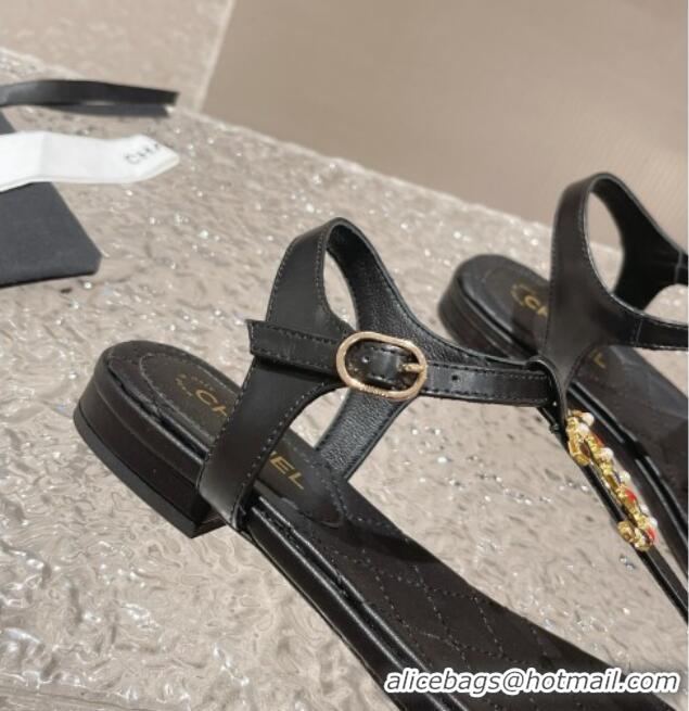 Purchase Chanel Lambskin Flat Thong Sandals with Stone CC Black 703077