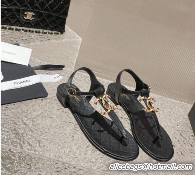 Purchase Chanel Lambskin Flat Thong Sandals with Stone CC Black 703077