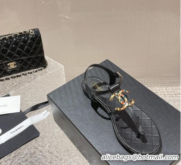 Purchase Chanel Lambskin Flat Thong Sandals with Stone CC Black 703077