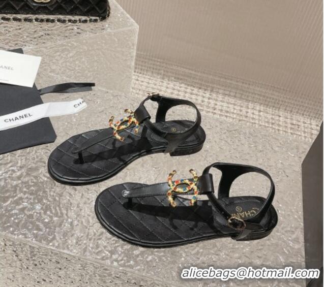 Purchase Chanel Lambskin Flat Thong Sandals with Stone CC Black 703077