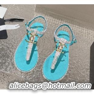 Luxury Chanel Tweed Flat Thong Sandals with Stone CC Blue 703079