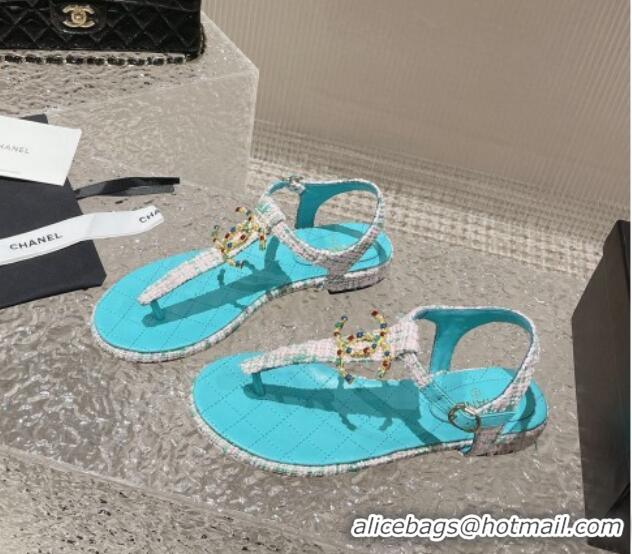 Luxury Chanel Tweed Flat Thong Sandals with Stone CC Blue 703079