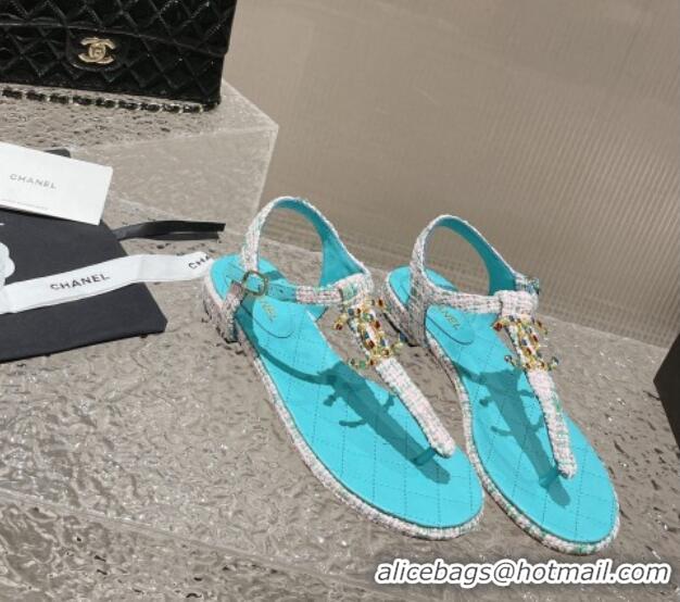 Luxury Chanel Tweed Flat Thong Sandals with Stone CC Blue 703079