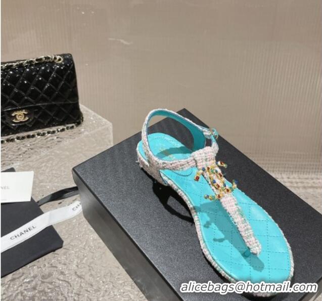 Luxury Chanel Tweed Flat Thong Sandals with Stone CC Blue 703079