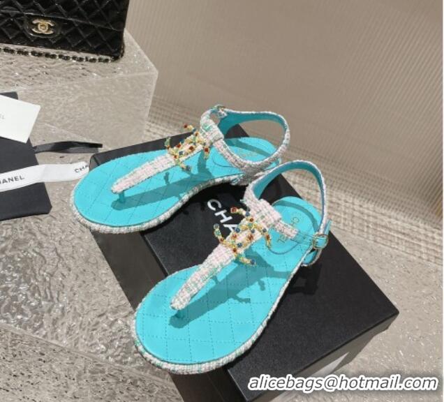 Luxury Chanel Tweed Flat Thong Sandals with Stone CC Blue 703079