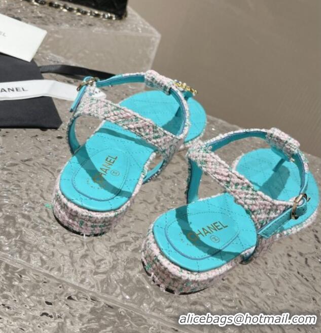 Luxury Chanel Tweed Flat Thong Sandals with Stone CC Blue 703079