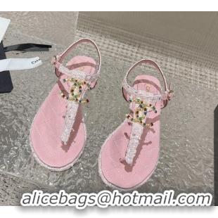 Best Price Chanel Tweed Flat Thong Sandals with Stone CC Pink 703078