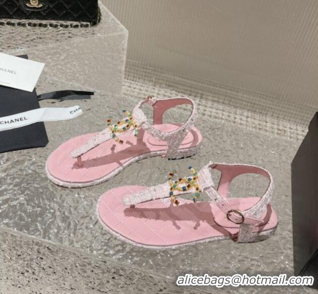 Best Price Chanel Tweed Flat Thong Sandals with Stone CC Pink 703078