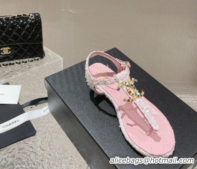 Best Price Chanel Tweed Flat Thong Sandals with Stone CC Pink 703078