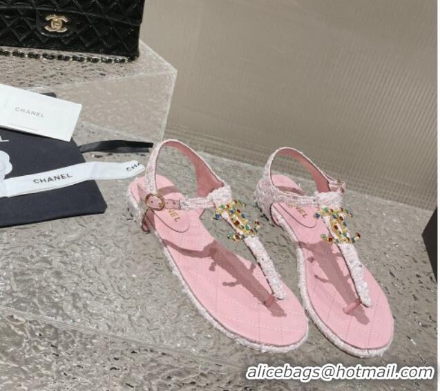 Best Price Chanel Tweed Flat Thong Sandals with Stone CC Pink 703078