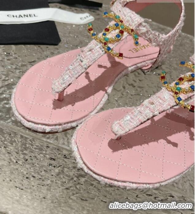 Best Price Chanel Tweed Flat Thong Sandals with Stone CC Pink 703078