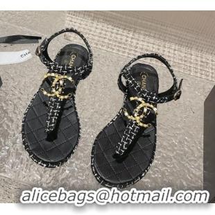 Charming Chanel Tweed Flat Thong Sandals with Stone CC Black 703080